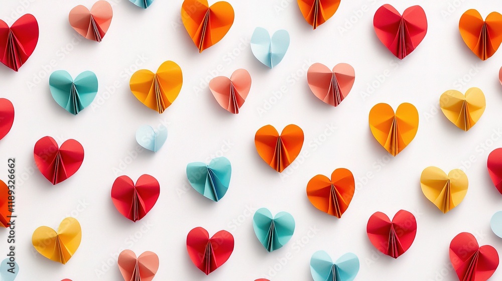 Poster colorful paper hearts pattern on pristine background for design use