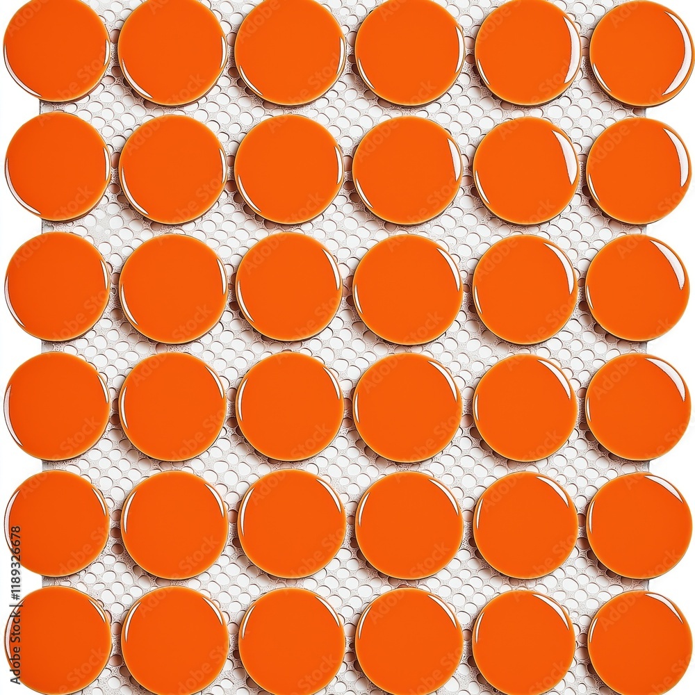 Poster orange round glazed tiles arranged in grid pattern. geometric design. smooth surfaces. clean lines. 