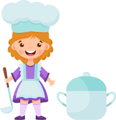 Girl Chef Character with Ladle, Kid Dreaming of Future Profession Illustration
