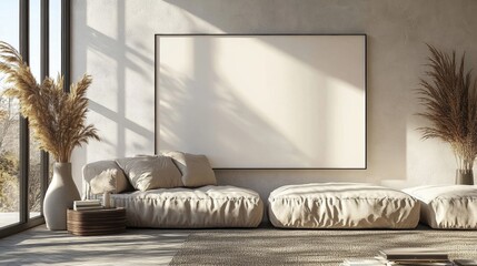 Cozy minimalist living room with large frame and natural decor