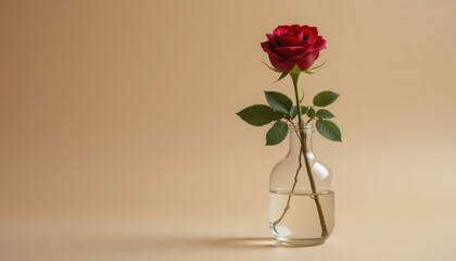 Elegant Red Rose in a Clear Glass Vase Against a Beige Background