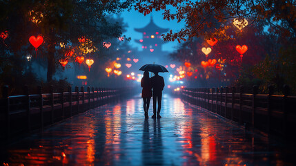 Fototapeta premium Couple embracing under umbrella on romantic bridge amidst glowing heart-shaped lights at dusk