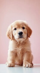 Golden retriever puppy on white table with pink background