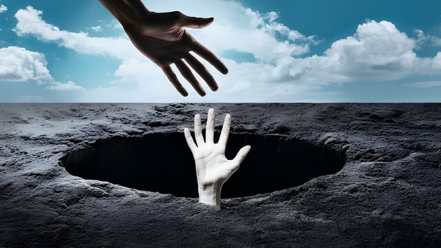 A contemporary art collage of a hand emerging from a dark hole, symbolizing a cry for help. This powerful metaphor represents vulnerability, resilience, and hope, evoking deep emotional connection.