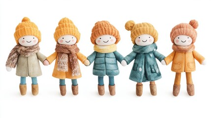 Colorful Plush Dolls in Winter Attire with Cheerful Expressions