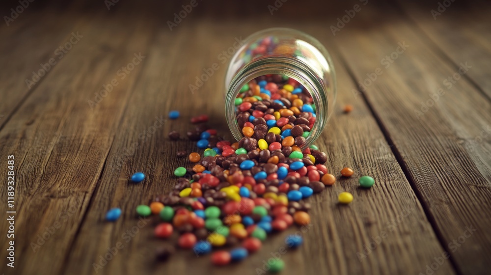 Aufkleber an artistic composition of chewy candies spilling out of a glass jar, with vibrant colors creating a