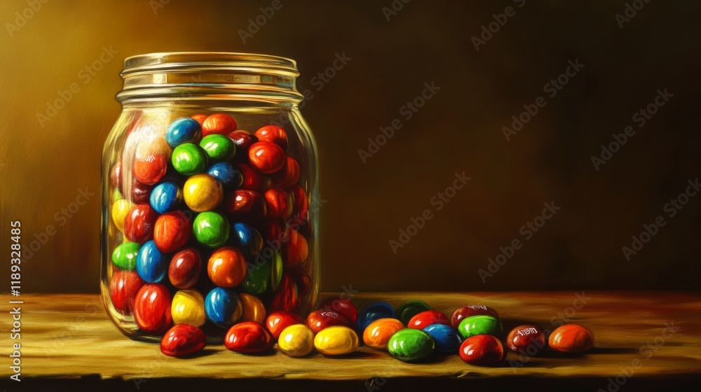 Aufkleber an artistic composition of chewy candies spilling out of a glass jar, with vibrant colors creating a