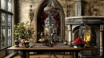 Obraz premium Luxurious Dining Room with Ornate Decor, Grand Fireplace, and Elegant Atmosphere