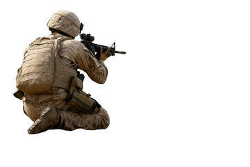 Soldier in camouflage uniform and helmet aiming rifle with copy space on transparent background