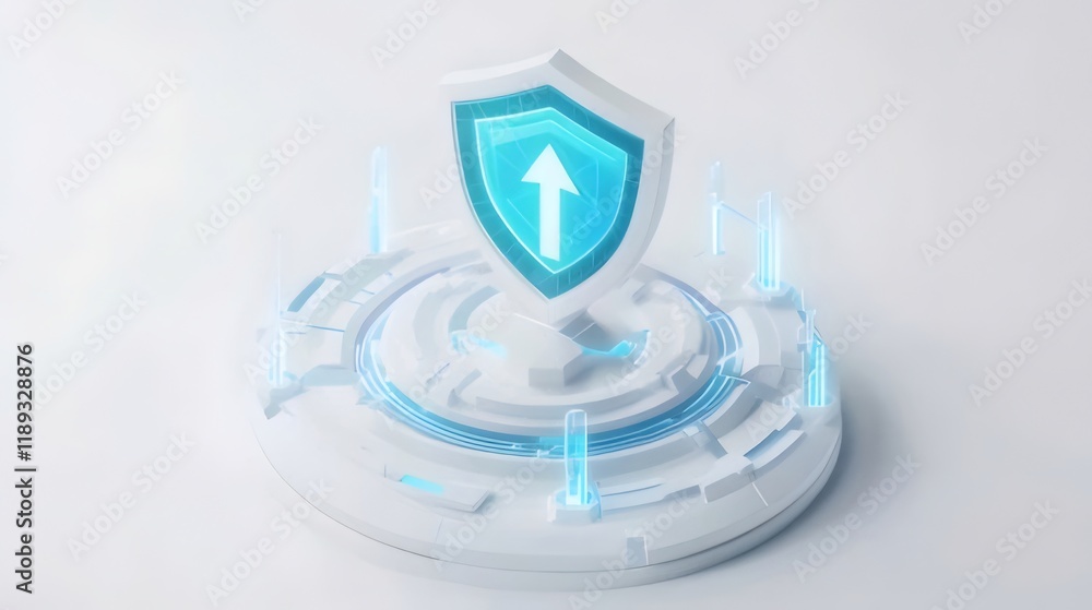Poster 3d render of a futuristic shield with an upward arrow, symbolizing security and growth.