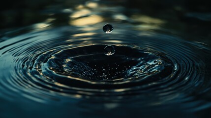 Water droplet suspended above water surface creating ripples