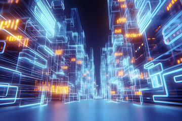 Fototapeta premium Futuristic city digital landscape, glowing neon streets, data stream, abstract background, perfect for tech and futuristic concepts