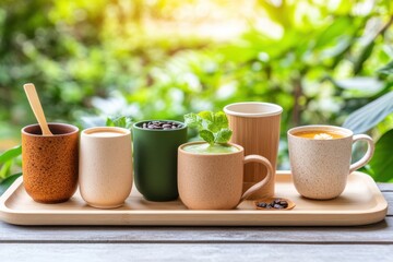 Compostable coffee cups made from bamboo fiber arranged in natural sunlight setting