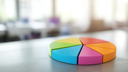 A D pie chart with a smooth finish, showcasing colorful segments representing customer demographics, displayed against a soft-focus office backdrop for context.