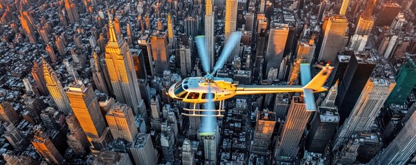 Golden helicopter above NYC sunset, skyscrapers background. Travel, tourism