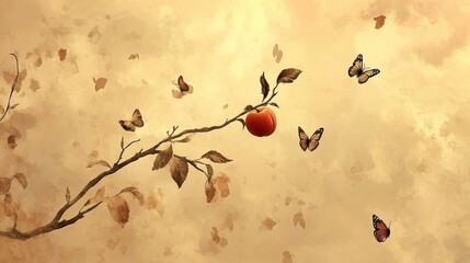 2d animation of peach growing with butterflies and cloudy sky
