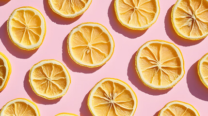 A uniform pattern of dried lemon slices casting shadows on a pink background, presented in a flat lay.