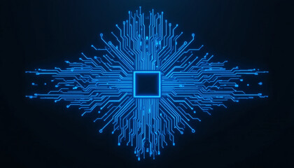 Glowing Blue Circuit Board Design with Central Chip