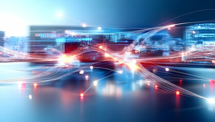 Obraz premium Futuristic city network data flow, digital transformation, global connection, glowing lines, website banner