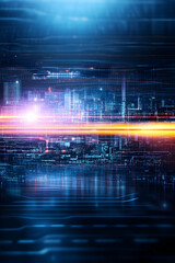 Futuristic city nightscape, glowing lights streak across the horizon, reflecting on a dark, digital surface.  Perfect for technology, science fiction, or urban future themes