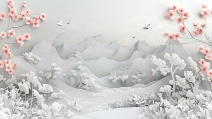 Serene 3D Render: Paper-Cut Mountainscape with Delicate Blossoms. AI Generated