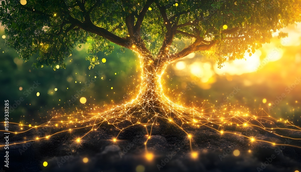 Poster majestic tree with glowing roots and branches illuminated by soft light, symbolizing nature, growth,
