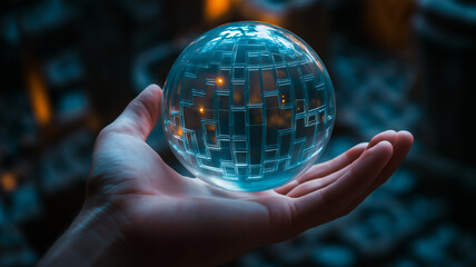 Fototapeta premium Photograph of a human hand holding a transparent globe with a maze inside it, symbolizing the complexity and navigation of human thoughts and decisions in life