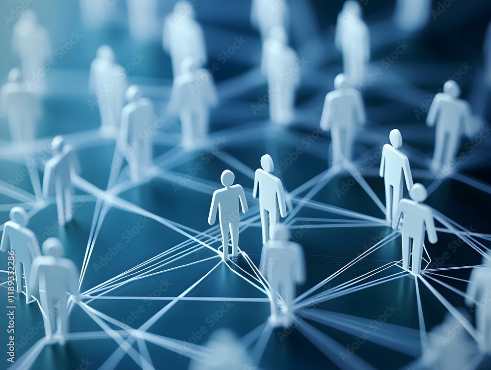 Poster conceptual digital illustration of a network with human figures symbolizing collaboration, connectio