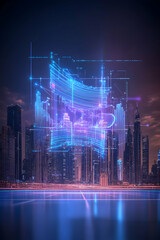 Fototapeta premium Futuristic city skyline with holographic data projection, nighttime, urban development, technology concept; website banner
