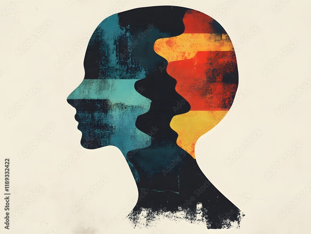 Poster Abstract representation of human profiles with vibrant colors, highlighting the complexity of emotions and thoughts in a modern artistic style