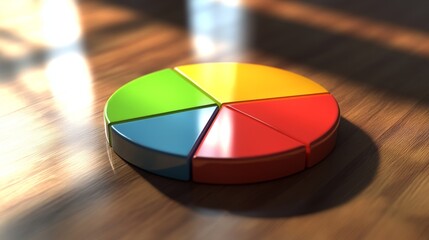 Fototapeta premium A close-up of a D pie chart displaying survey results, with distinct colors and shadowing, set on a wooden desk with subtle reflections for a professional touch.