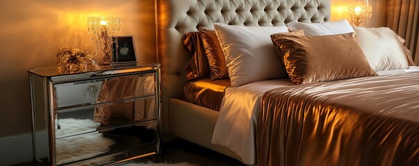 Luxurious bedroom with a mirrored nightstand, soft golden bedding, and warm lighting creating a serene atmosphere.