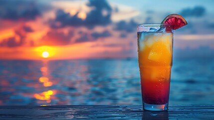 Tropical Happy Hour Cocktail at a Beachside Bar with a Sunset View  