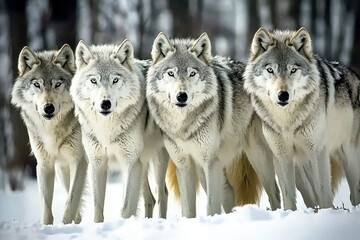 Obraz premium A pack of Arctic wolves on the hunt, their sleek gray coats blending seamlessly with the snowy backdrop.