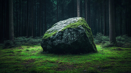 A small, rounded boulder covered in moss stands alone on the forest floor of an ancient Scandinavian pine woodland.