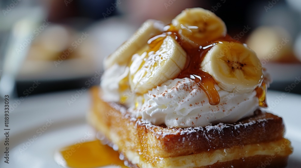Poster a close-up of a decadent honey toast dish topped with caramelized bananas, whipped cream, and a gene