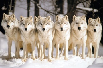 Naklejka premium A pack of Arctic wolves on the hunt, their sleek gray coats blending seamlessly with the snowy backdrop.