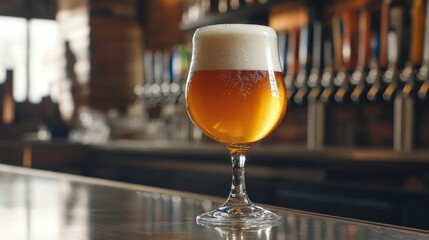 A close-up of a chilled glass of pale ale with bubbles rising to the surface, the glass slightly fogged with condensation, sitting on a bar counter.