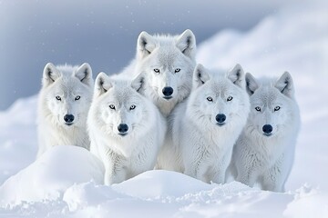 Fototapeta premium A pack of Arctic wolves on the hunt, their sleek gray coats blending seamlessly with the snowy backdrop.