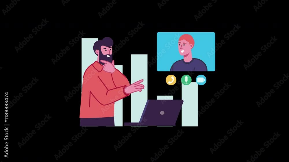 Poster a man engaged in a video call with a colleague, showcasing a professional setting with data visuals.
