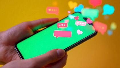 A person's hands holding a smartphone with notifications creatively displayed to represent the world of digital communication and interaction