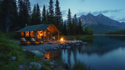 Obraz premium Luxurious glamping tent near lake with campfire at dusk, mountain backdrop.