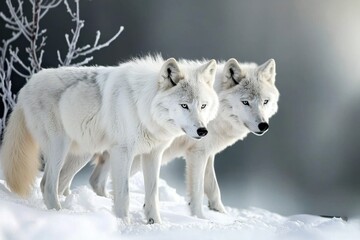 Obraz premium A pack of Arctic wolves on the hunt, their sleek gray coats blending seamlessly with the snowy backdrop.
