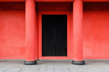 赤い柱と黒い扉のある伝統的な建物の外観