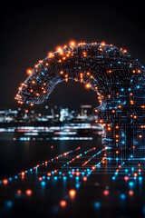 Futuristic data arc over cityscape at night; digital transformation concept for tech websites