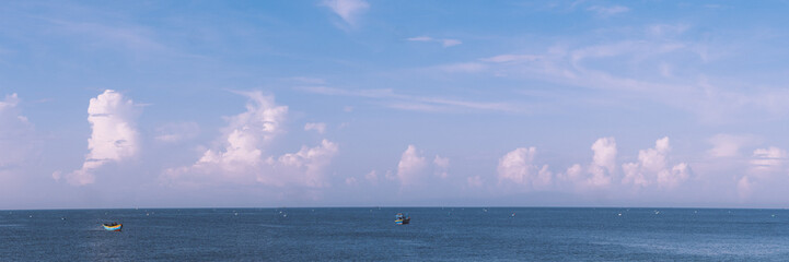 Amazing Seascape view. Magic energy of beautiful happy clouds. Vietnam tropical calm sea