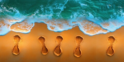 Footprints by the Shoreline Waves Meeting Sandy Beach at Sunset