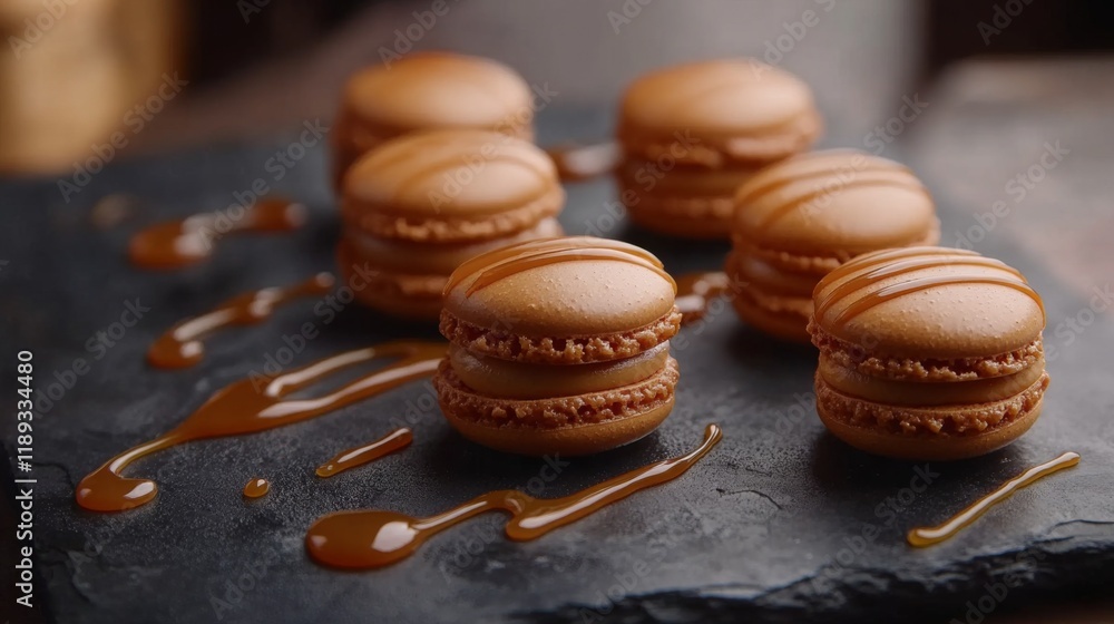 Poster A close-up of caramel-flavored macarons with a glossy caramel drizzle on top, arranged neatly on a dark stone surface with caramel sauce swirled around.