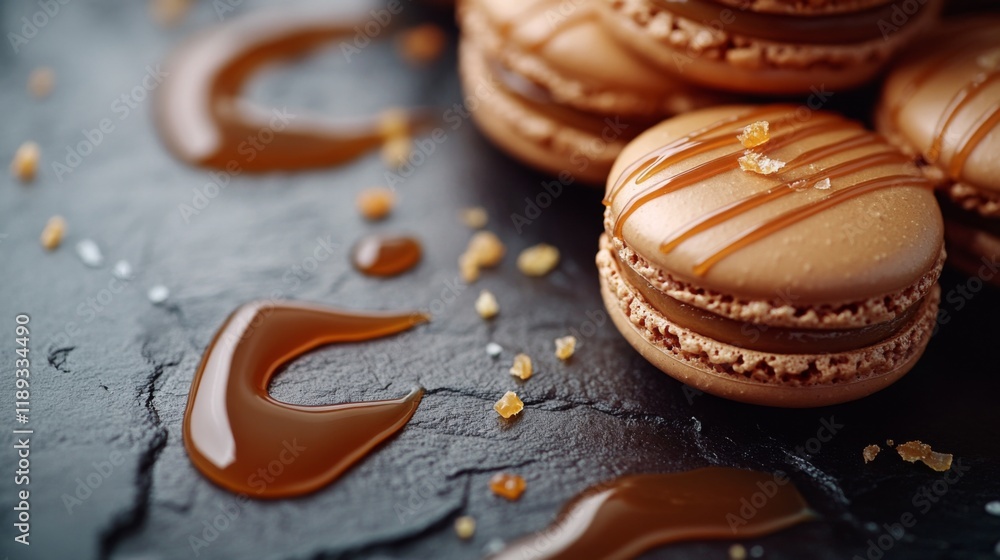 Aufkleber A close-up of caramel-flavored macarons with a glossy caramel drizzle on top, arranged neatly on a dark stone surface with caramel sauce swirled around.