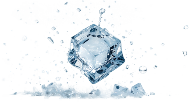 Capture the dramatic fall of an ice cube, isolated on a white background with full depth of field, perfect for creative visual effects